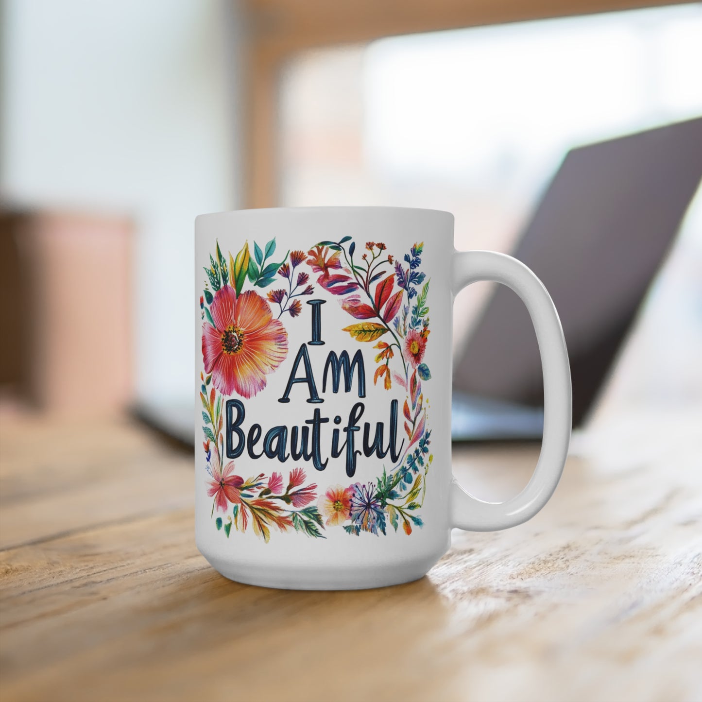 I Am Beautiful floral mug with colorful flowers design on a white ceramic surface