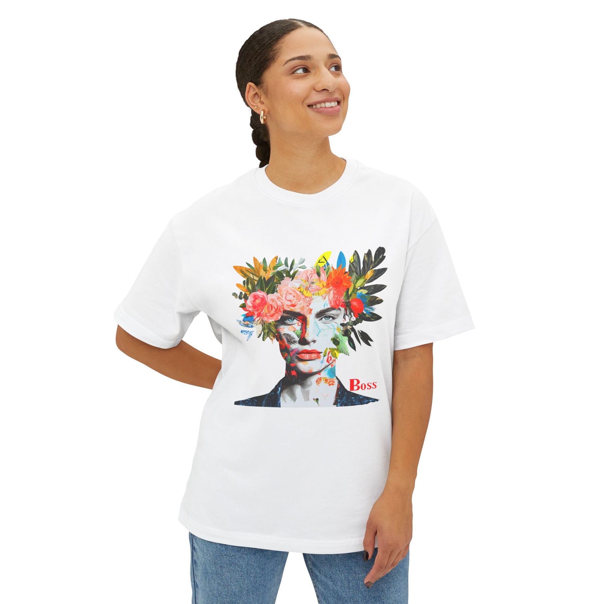 Floral oversized unisex t-shirt featuring a vibrant graphic design with flowers and the word Boss