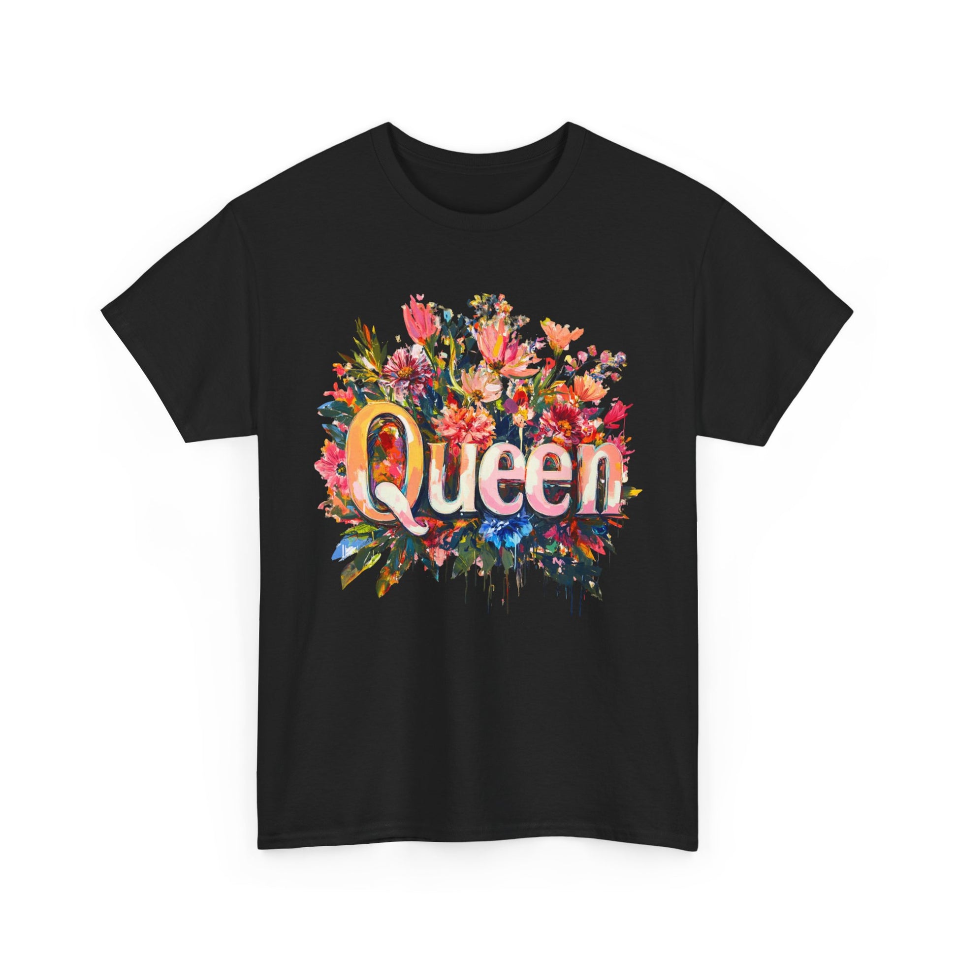 Queen floral t-shirt with vibrant flower graphics on a black background for stylish casual wear