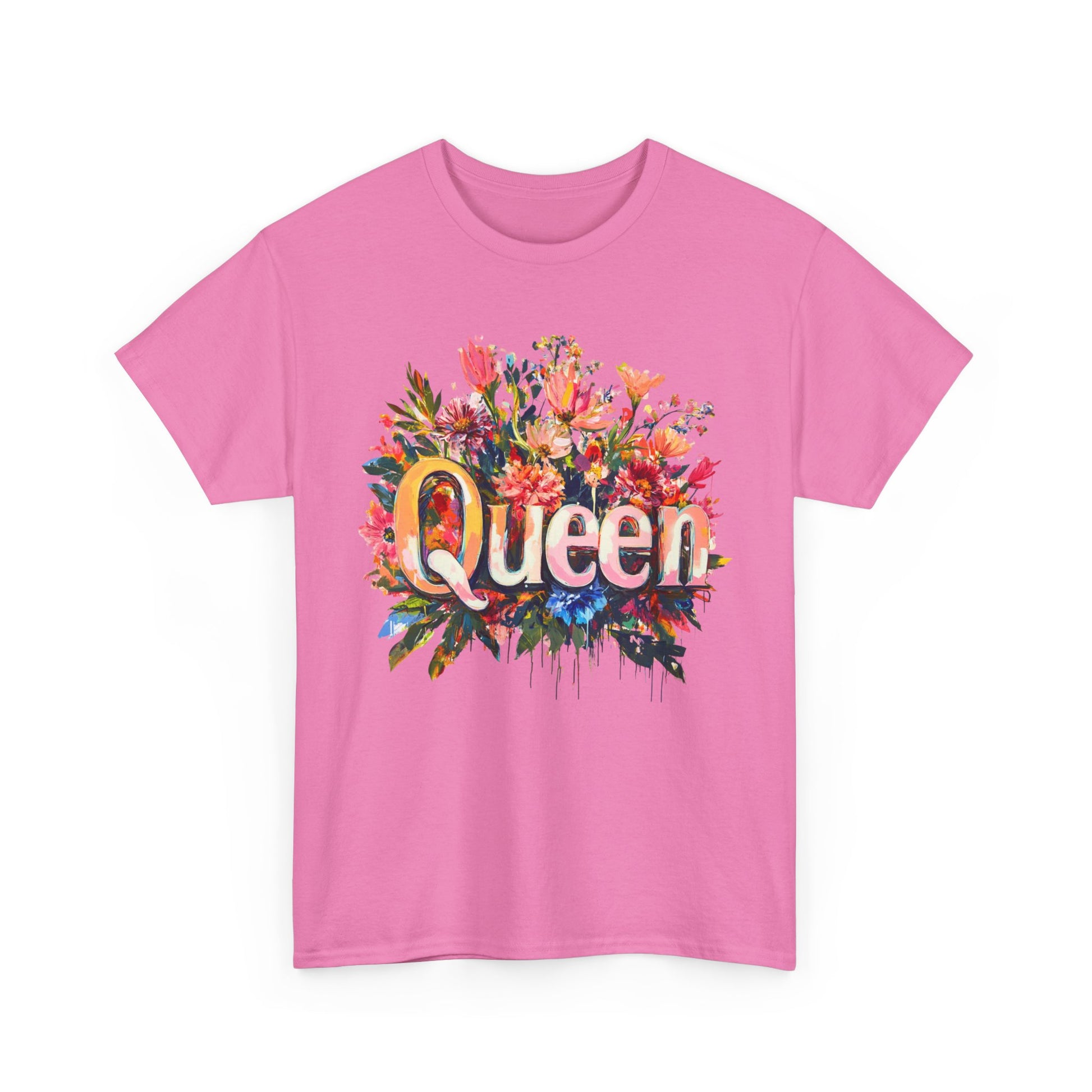 Pink queen floral t-shirt featuring a colorful floral design and bold text for a stylish look