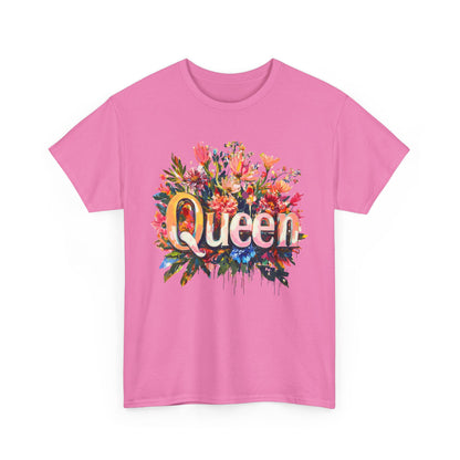 Pink queen floral t-shirt featuring a colorful floral design and bold text for a stylish look