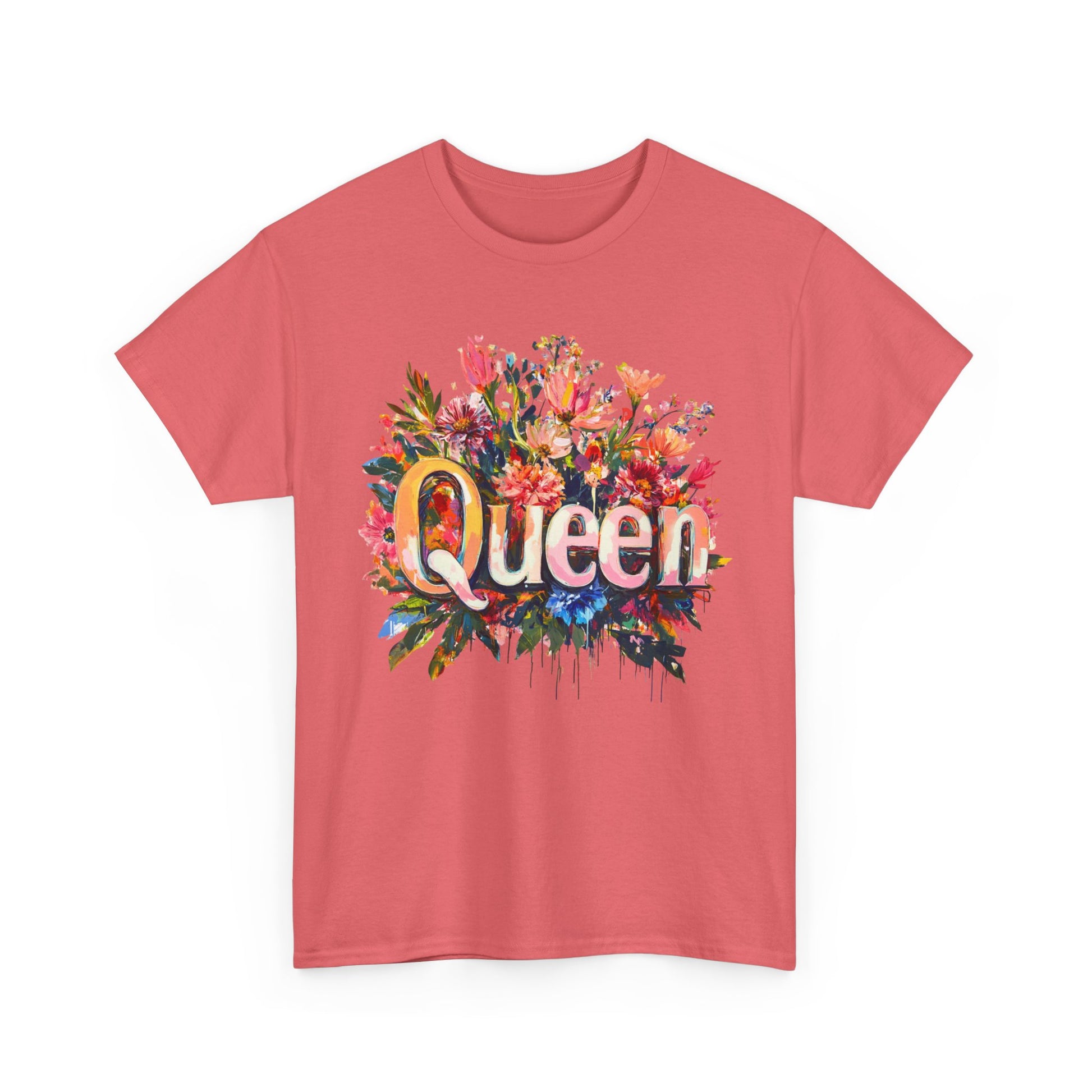 Queen floral t-shirt in coral with vibrant floral design and bold lettering