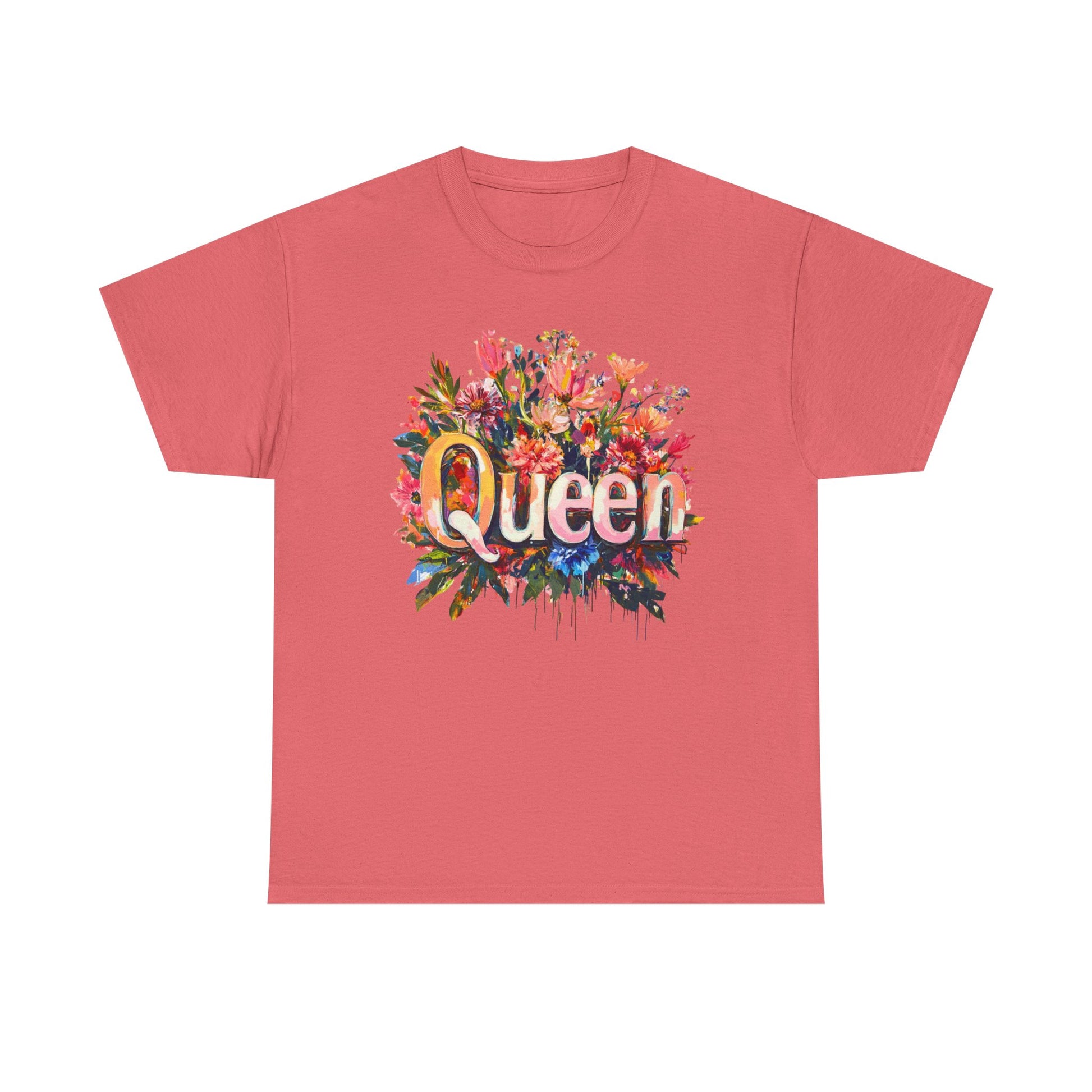 Queen floral t-shirt in coral with vibrant floral design for stylish casual wear