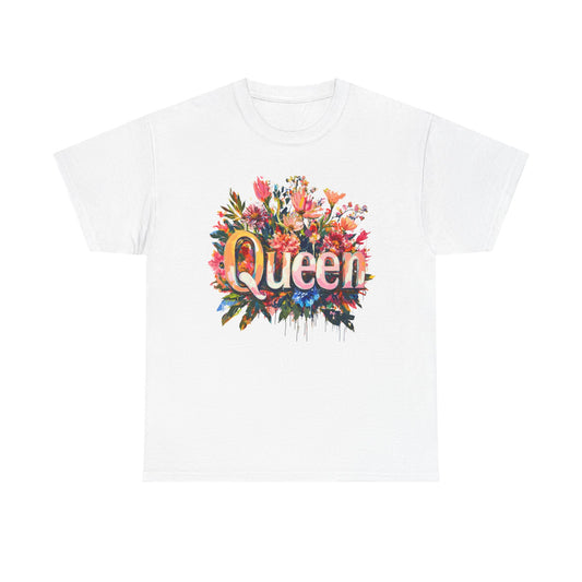Stylish queen floral t-shirt with vibrant flower designs on a white background