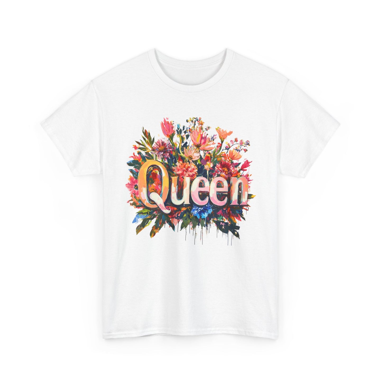 Queen floral t-shirt featuring a vibrant floral design with the word Queen in colorful lettering