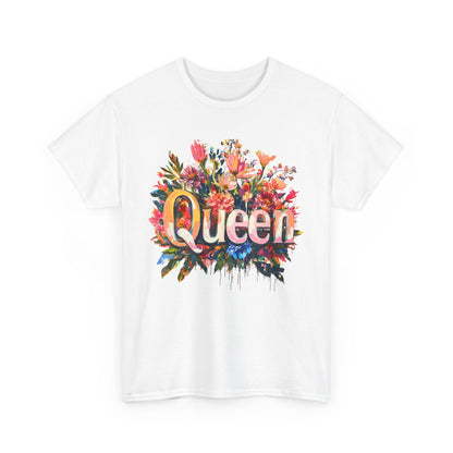 Queen floral t-shirt featuring a vibrant floral design with the word Queen in colorful lettering