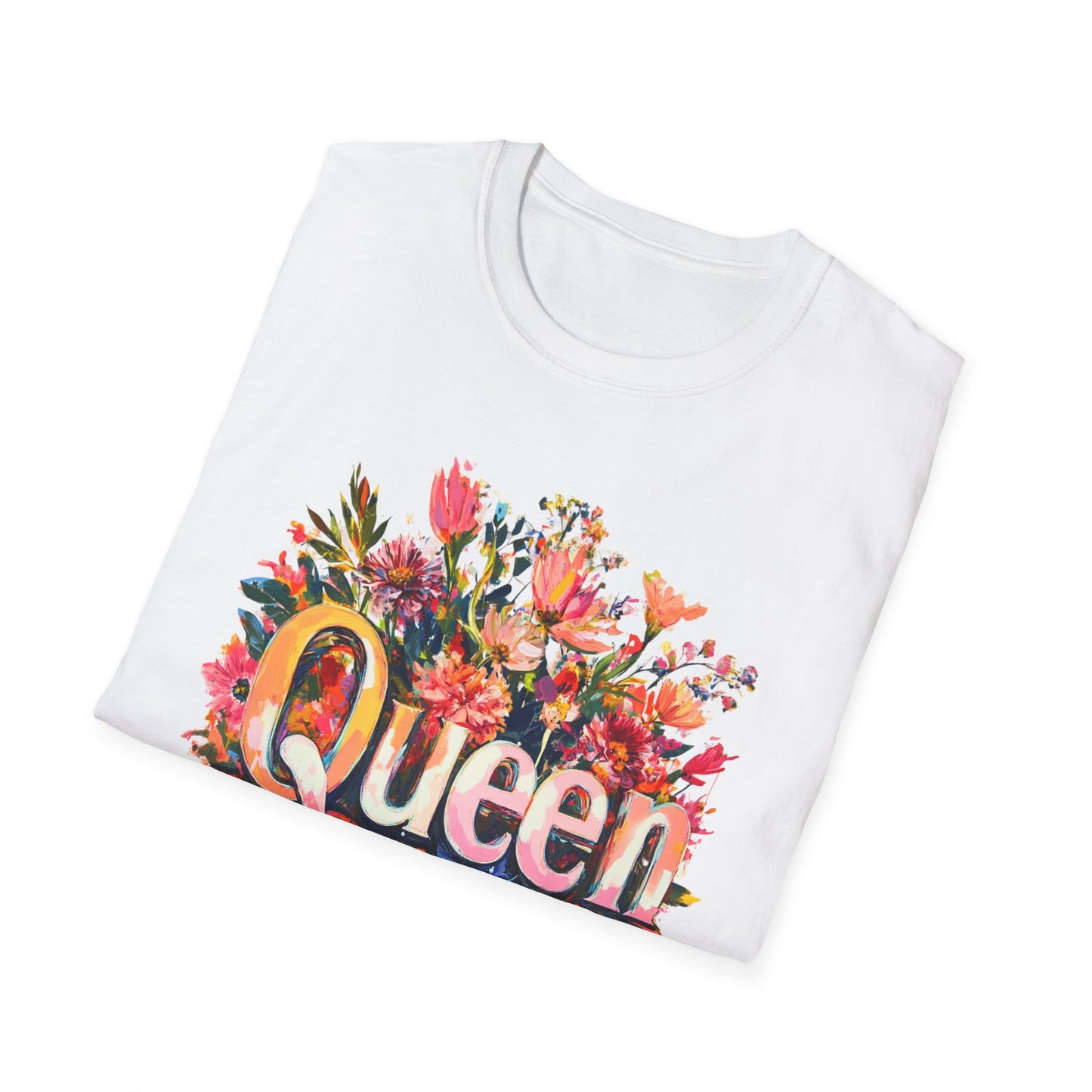 Floral queen t-shirt for women featuring vibrant floral design on a white background