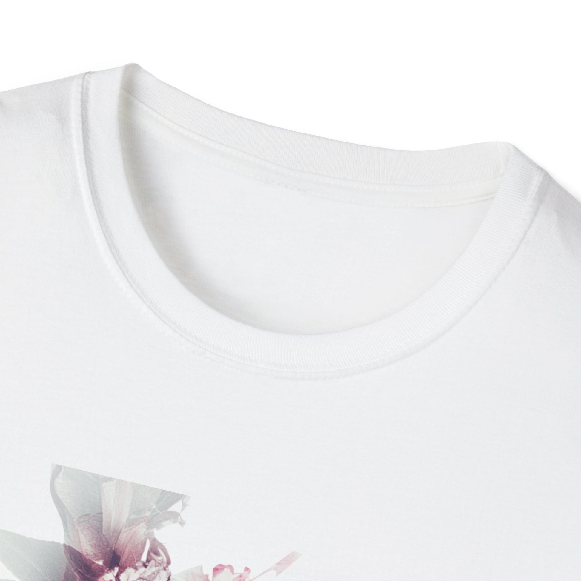 Close-up of the neckline of a floral silhouette t shirt with delicate floral design