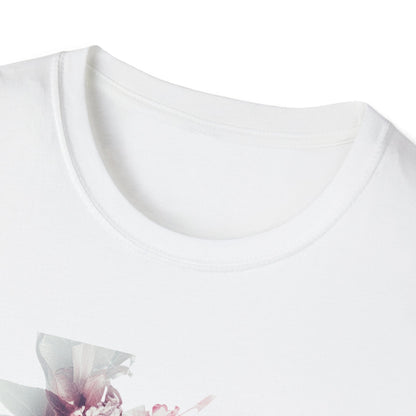 Close-up of the neckline of a floral silhouette t shirt with delicate floral design