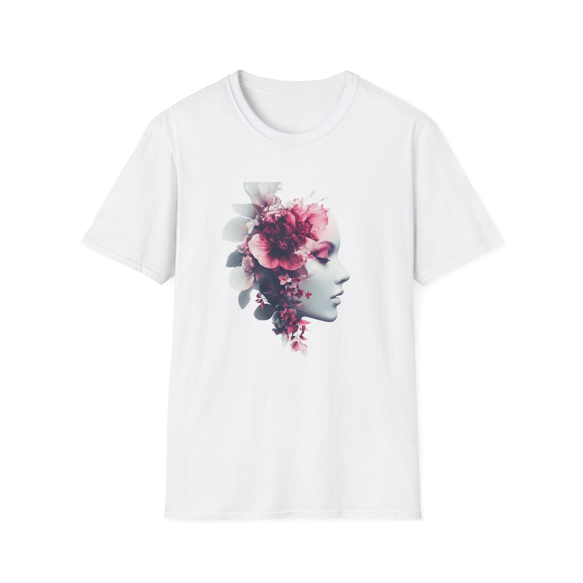Floral silhouette t shirt featuring a woman's profile adorned with vibrant floral designs