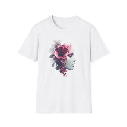 Floral silhouette t shirt featuring a woman's profile adorned with vibrant floral designs