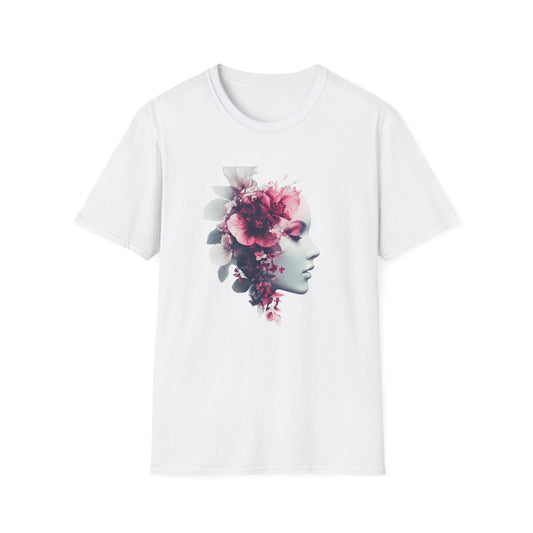 Floral silhouette t shirt featuring a woman's profile adorned with vibrant floral designs