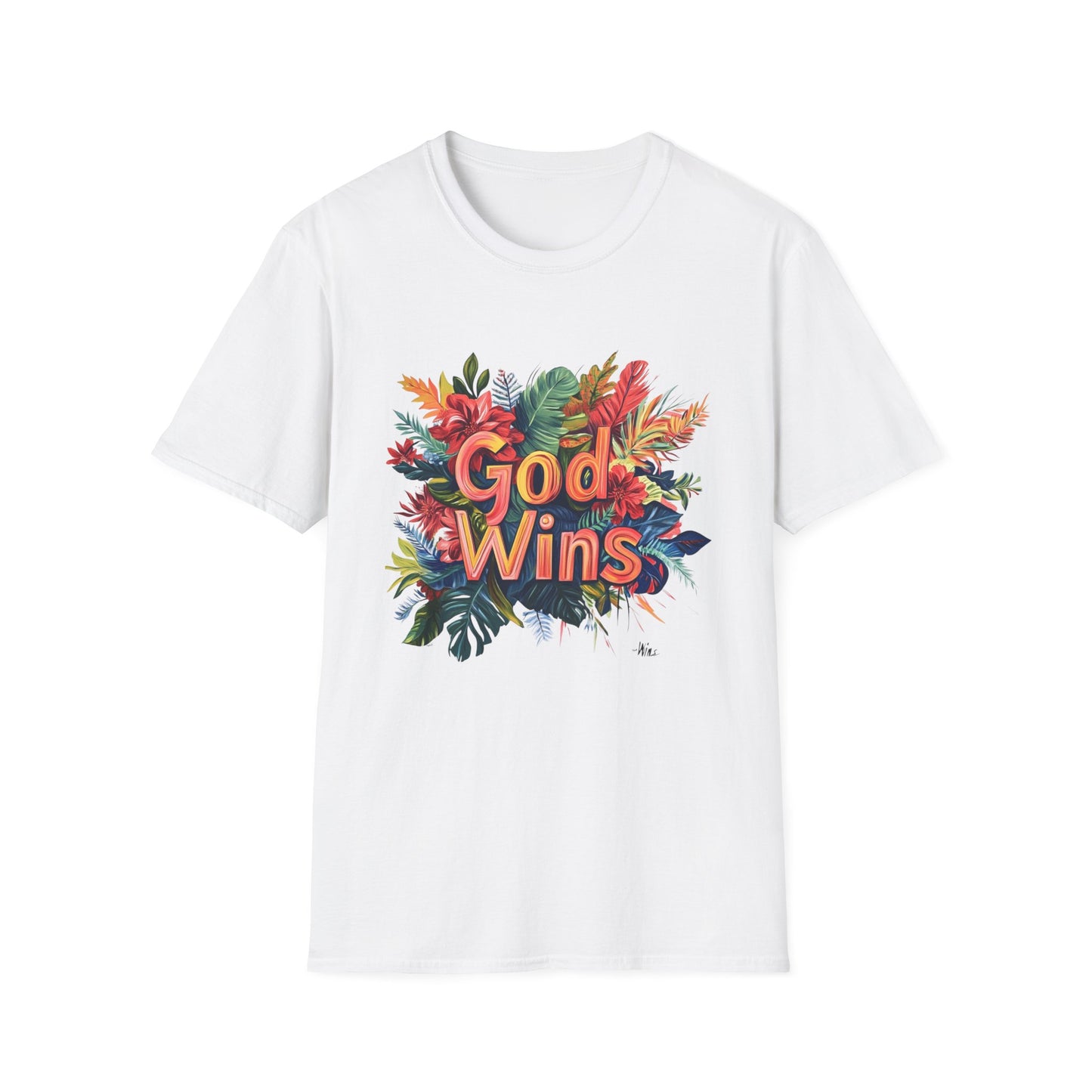 God Wins Floral T-Shirt featuring vibrant floral design on a white background