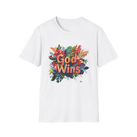 God Wins Floral T-Shirt featuring vibrant floral design on a white background