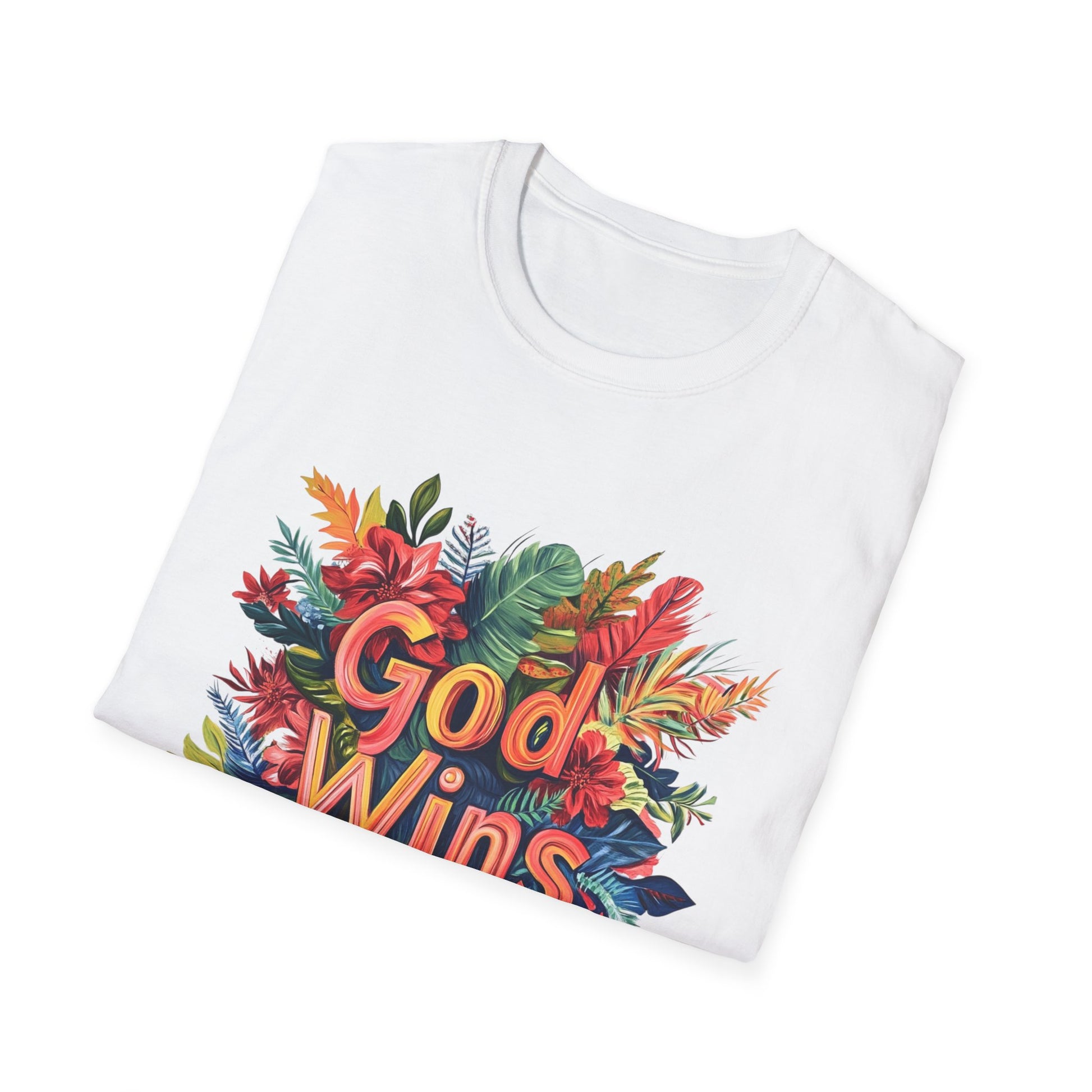 God Wins Floral T-Shirt featuring a vibrant floral design on a white background