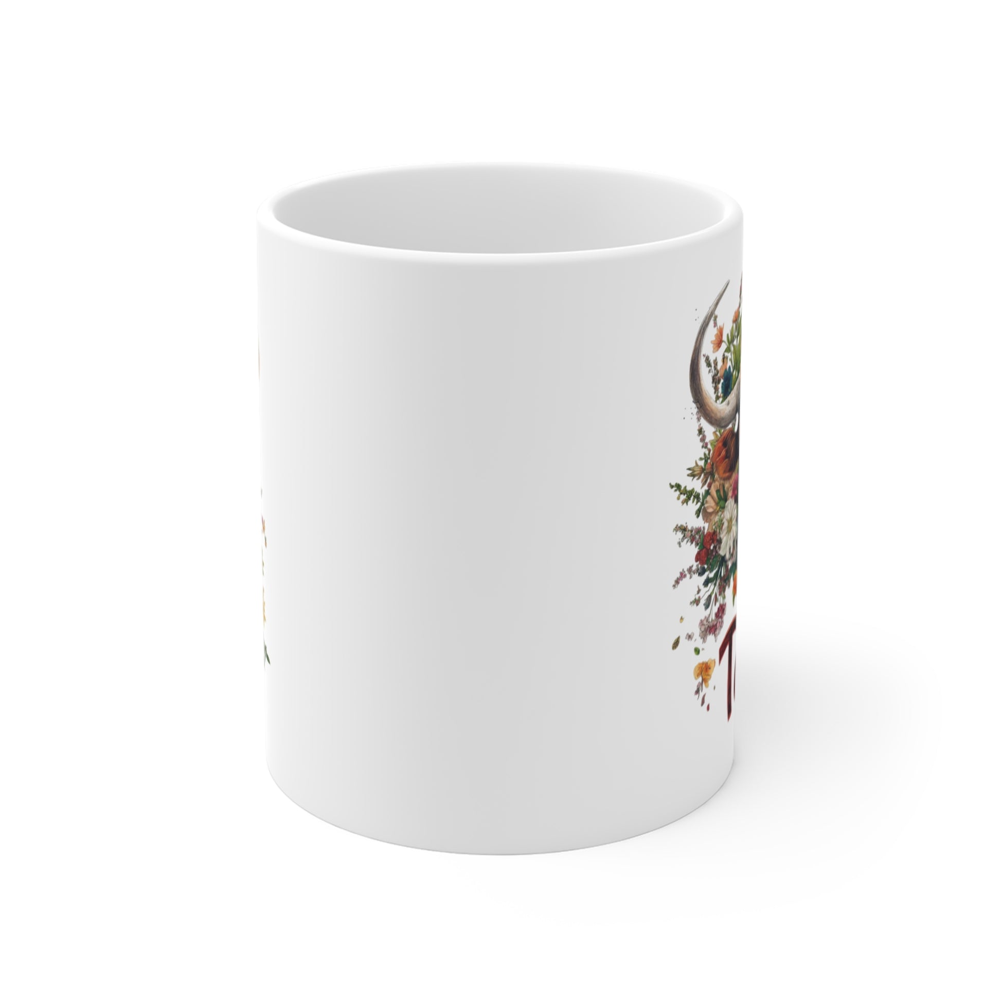 Floral Taurus coffee cup featuring a beautiful bull design adorned with colorful flowers