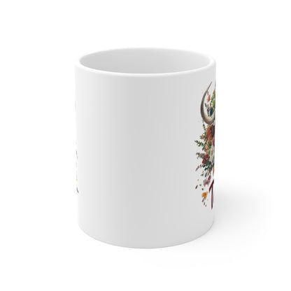 Floral Taurus coffee cup featuring a beautiful bull design adorned with colorful flowers