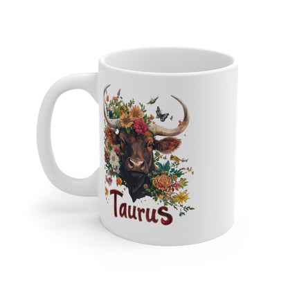 Floral Taurus coffee cup featuring a bull's head surrounded by colorful flowers and butterflies
