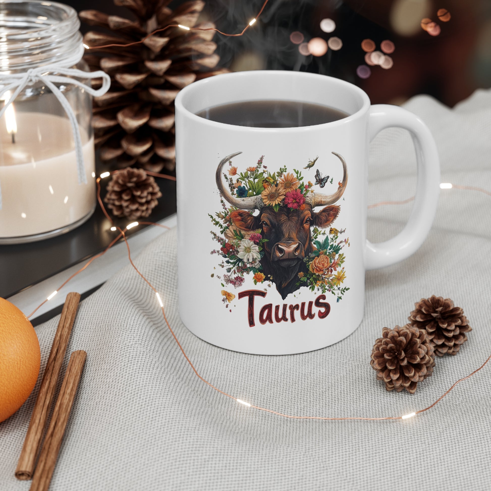 Floral Taurus coffee cup featuring a bull design with colorful flowers and Taurus lettering