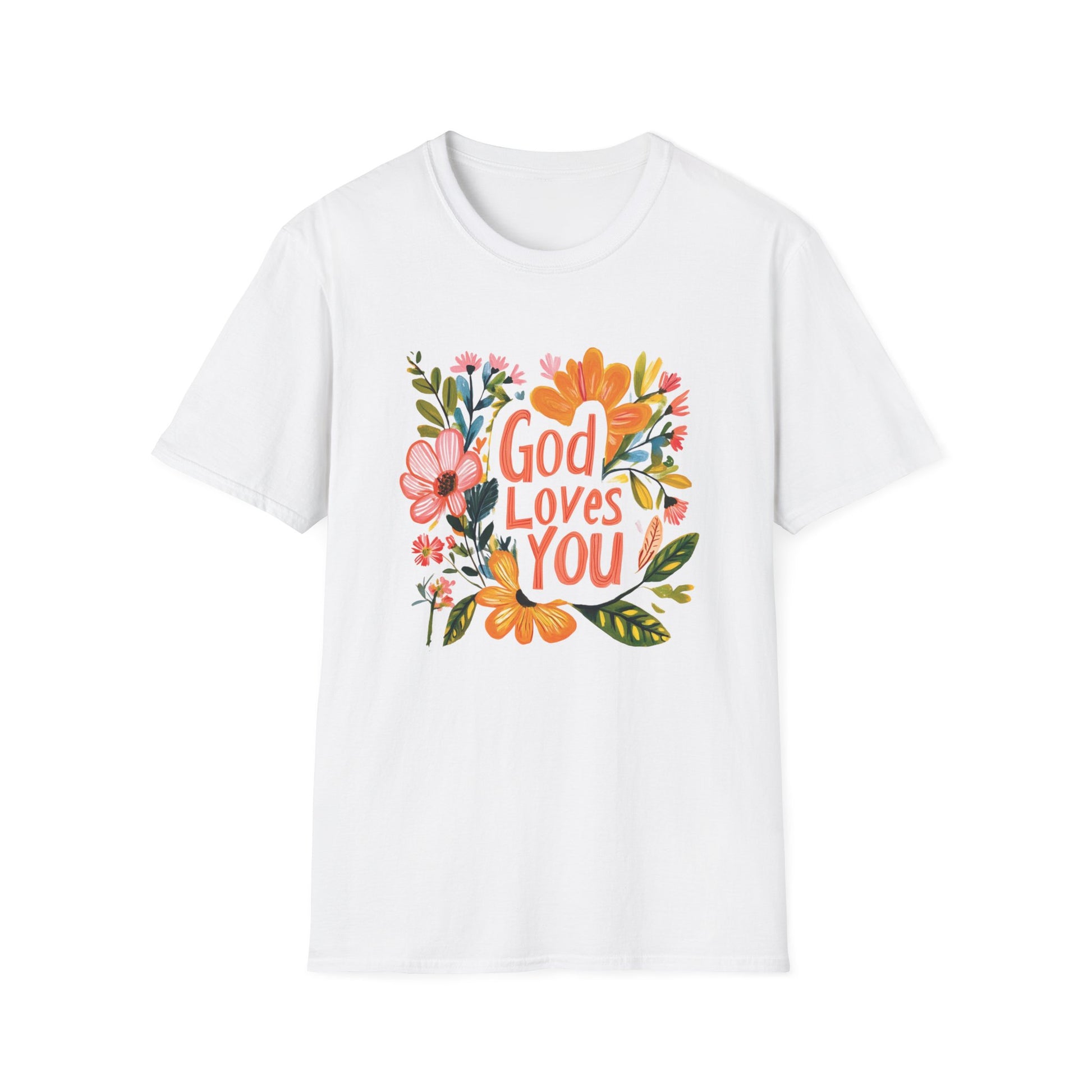 White God Loves You t-shirt with colorful floral design for a positive message