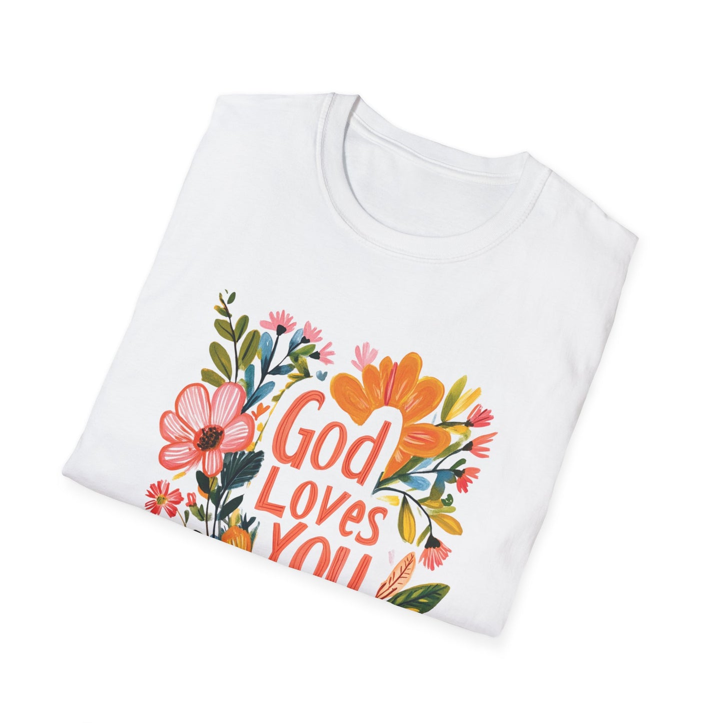 God Loves You t-shirt featuring a colorful floral design on a white background