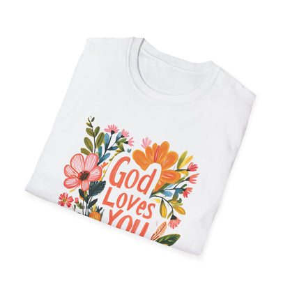 God Loves You t-shirt featuring a colorful floral design on a white background