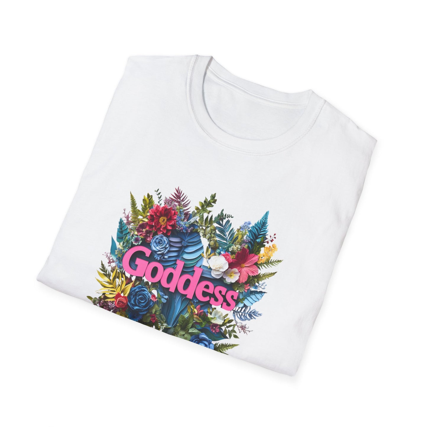 Goddess floral t-shirt with vibrant floral design on a white background, perfect for casual wear