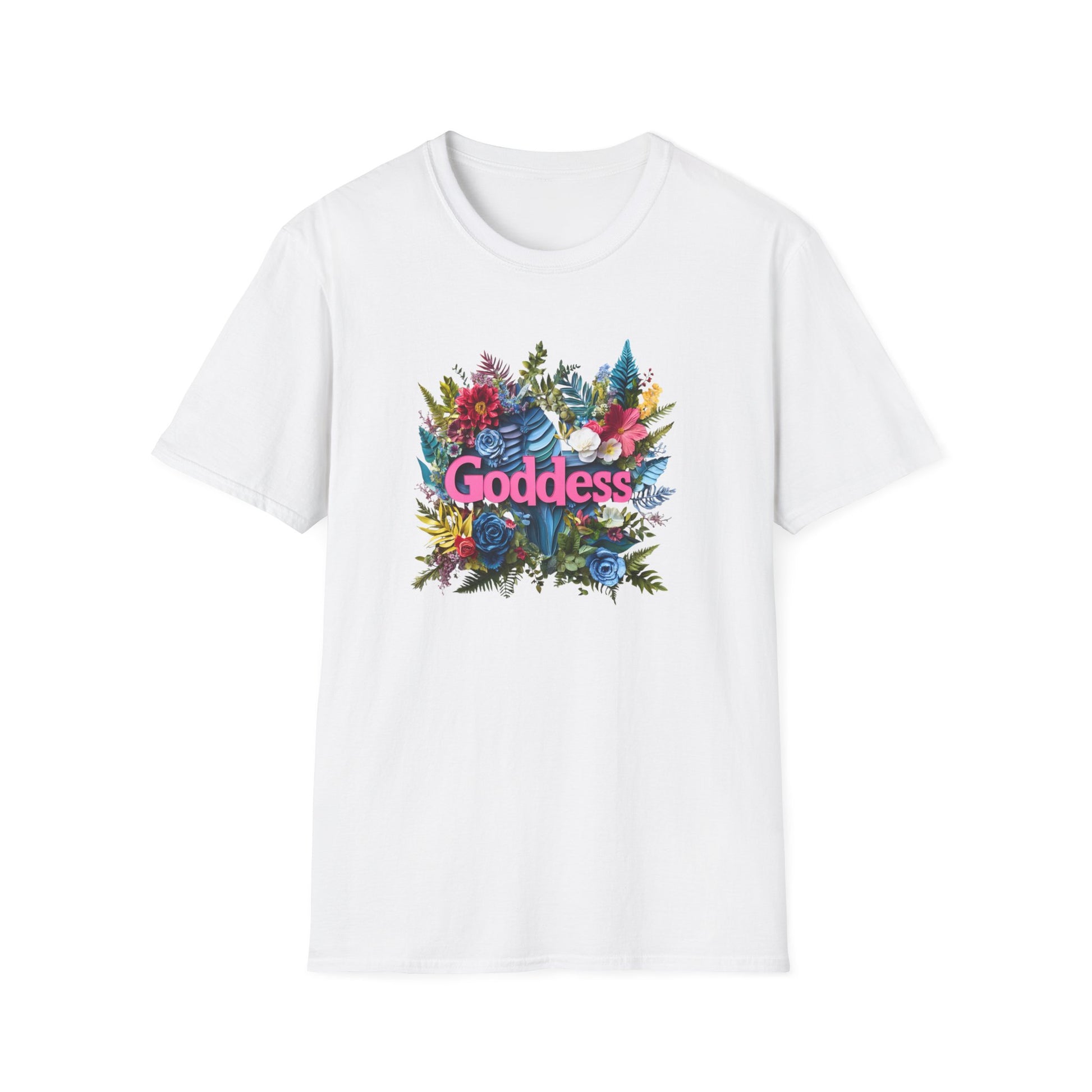Goddess floral t-shirt featuring vibrant flowers on a white background for a stylish look