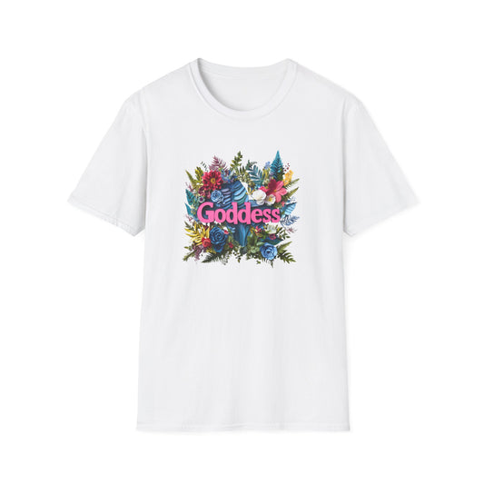 Goddess floral t-shirt featuring vibrant flowers on a white background for a stylish look