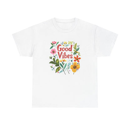 Good vibes floral t-shirt featuring colorful floral designs on a white background