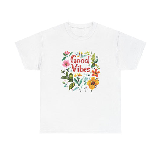 Good vibes floral t-shirt featuring colorful floral designs on a white background