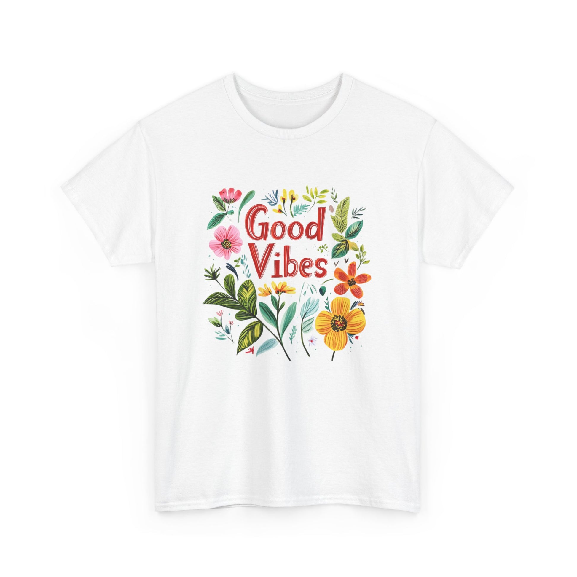 Good vibes floral t-shirt featuring colorful flowers and vibrant graphic design on a white background