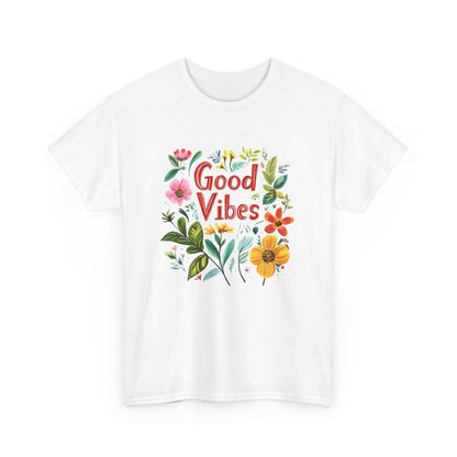 Good vibes floral t-shirt featuring colorful flowers and vibrant graphic design on a white background