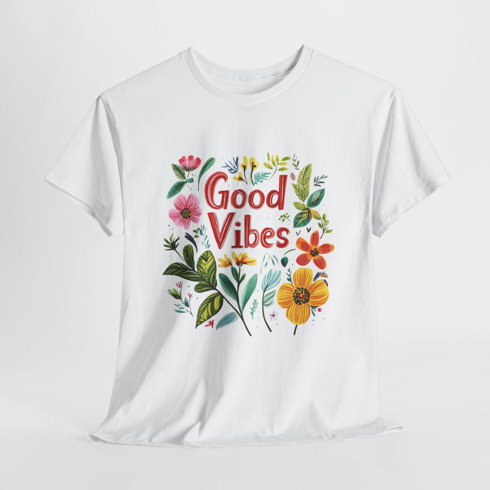 Good vibes floral t-shirt featuring colorful flowers and positive messages on a white background