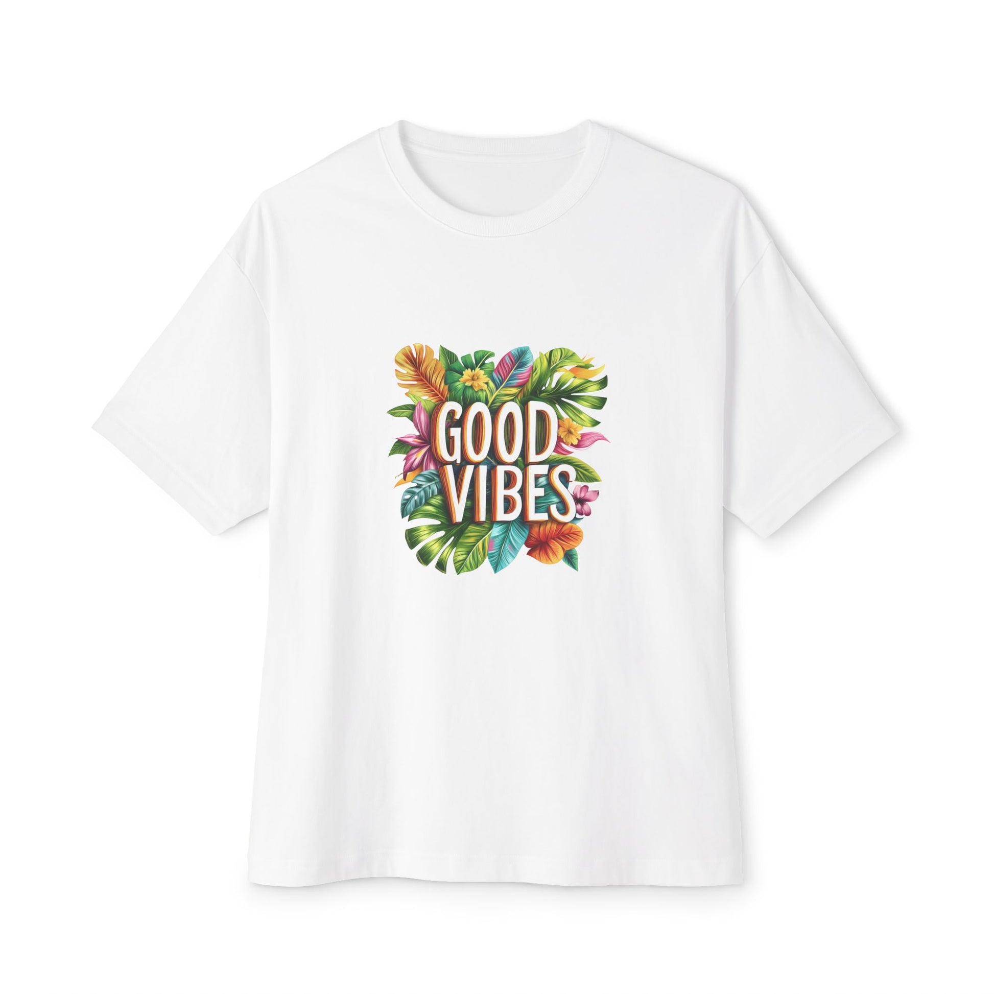 Good vibes oversized t shirt in white with colorful tropical print on the front