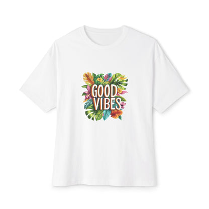 Good vibes oversized t shirt in white with colorful tropical print on the front
