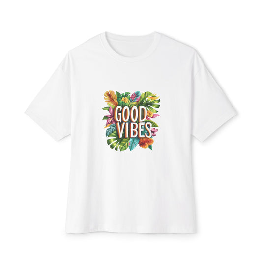 Good vibes oversized t shirt in white with colorful tropical print on the front