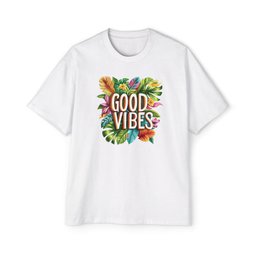 White good vibes t-shirt featuring colorful tropical leaf graphics and vibrant text design