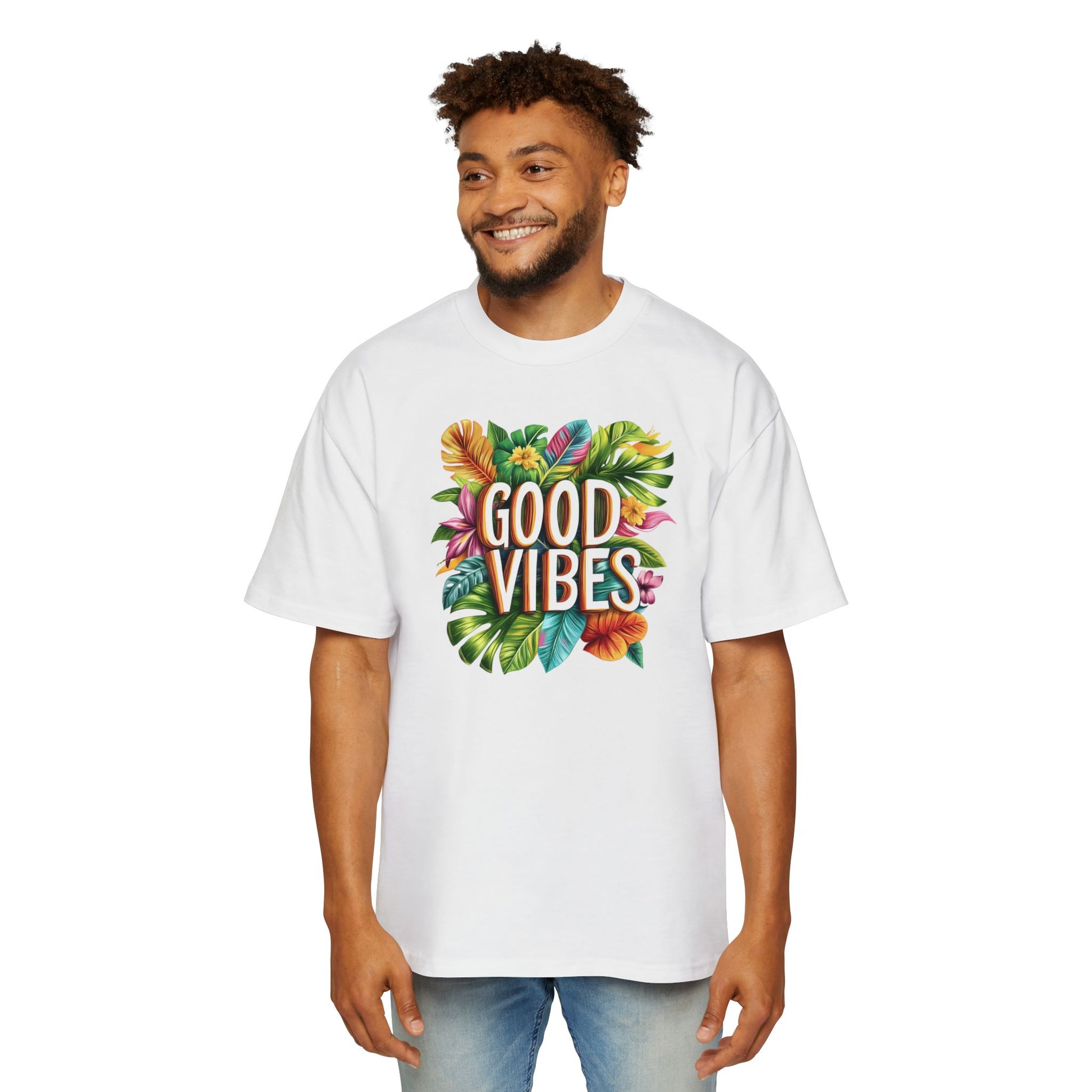 Men's good vibes t-shirt featuring a colorful tropical design on a white background