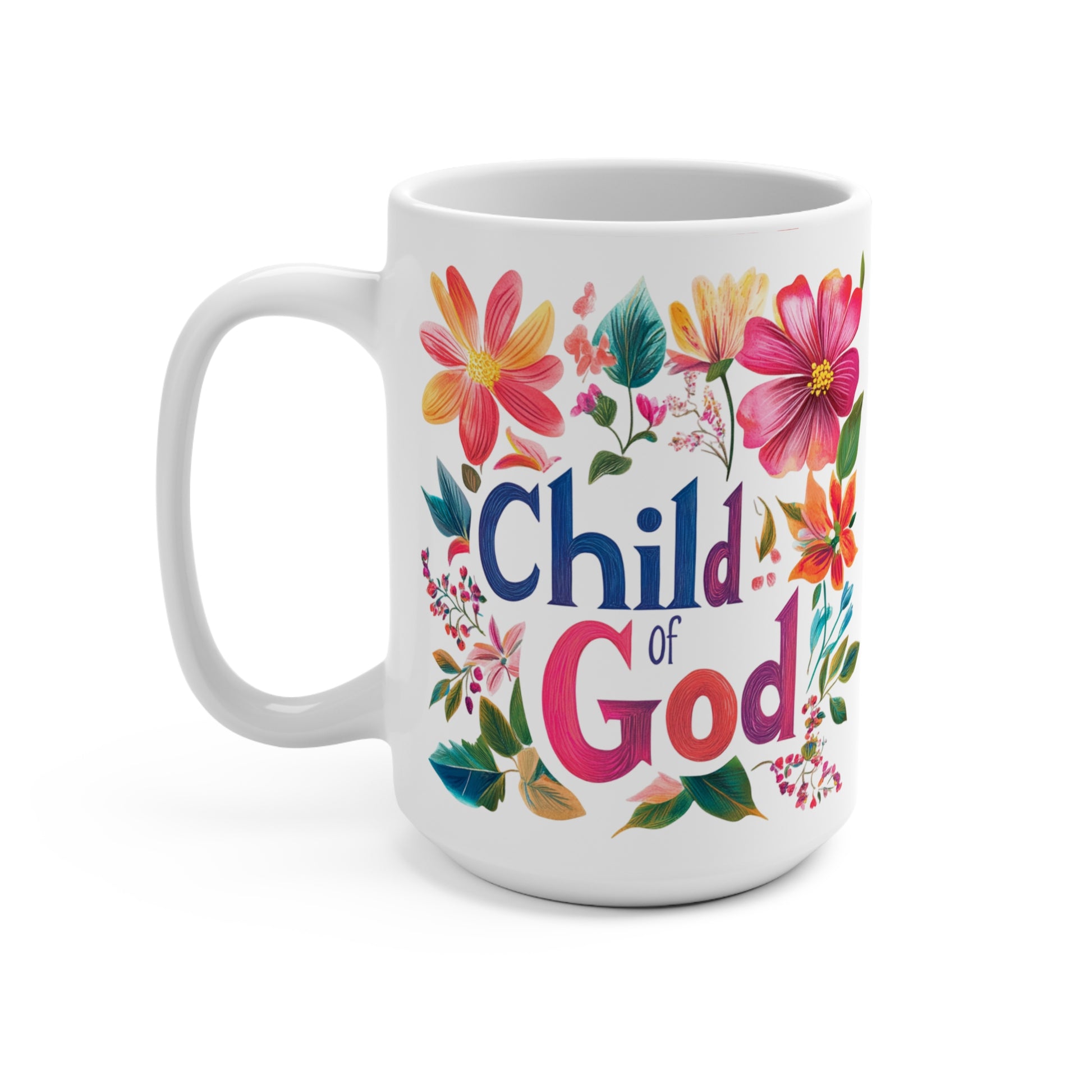 Printify white ceramic child of God mug with colorful floral design and large handle