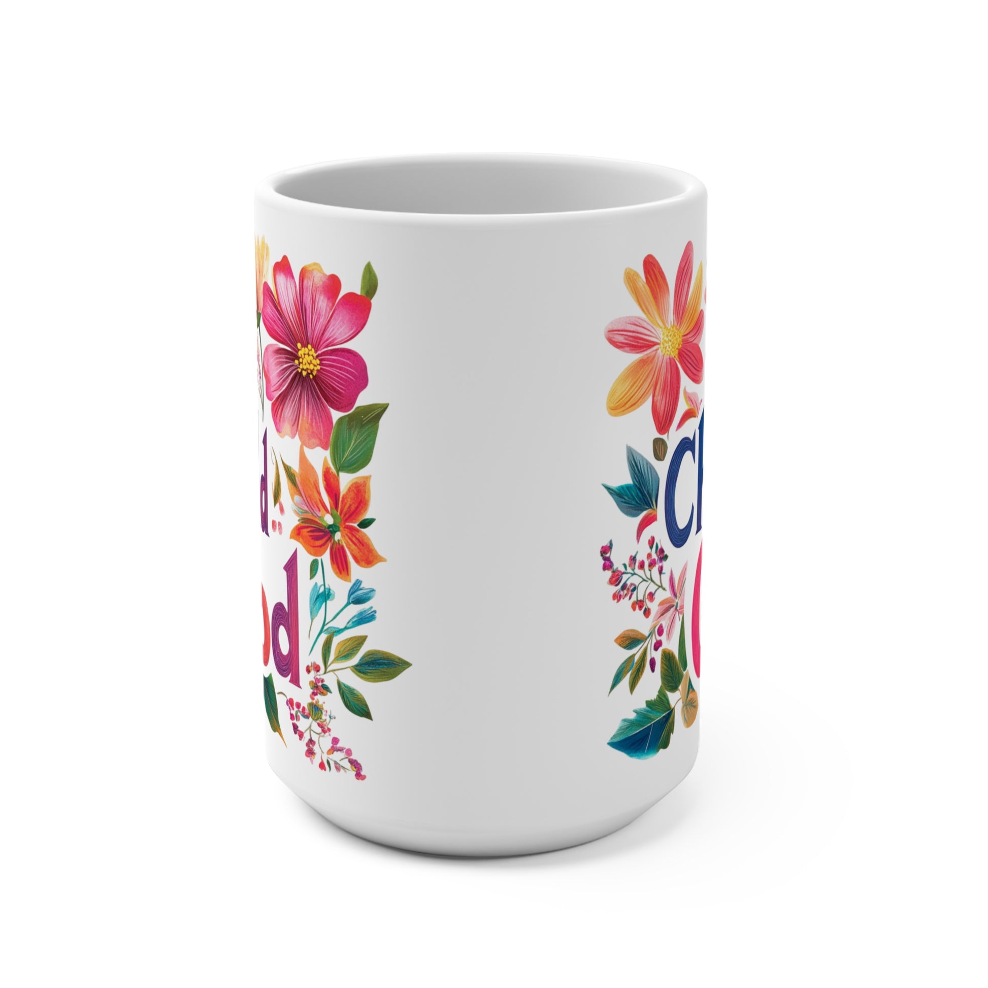 Printify white ceramic child of God mug with colorful floral wreath design for coffee lovers