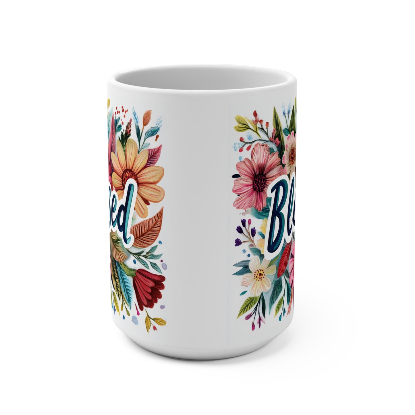 White Printify ceramic mug with colorful floral design and blessed coffee mug script ideal for morning coffee