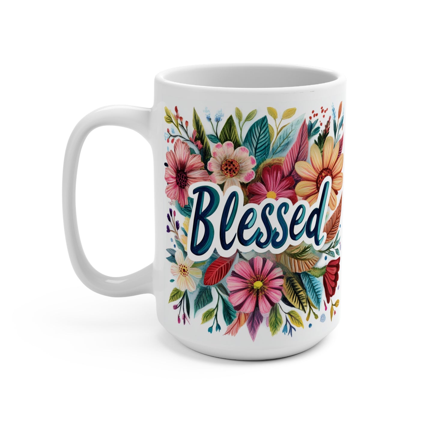 Printify white ceramic blessed coffee mug with colorful floral bouquet and script lettering