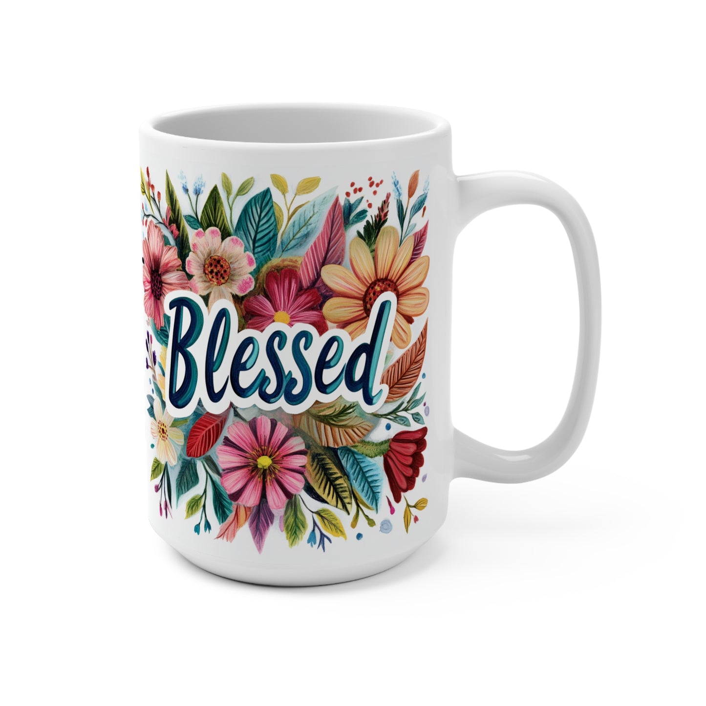Printify white ceramic blessed coffee mug with colorful floral wreath and blue script text