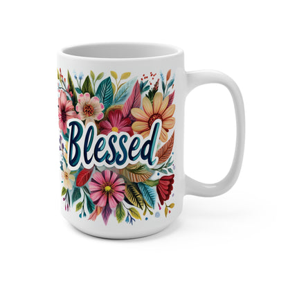 Printify white ceramic blessed coffee mug with colorful floral wreath and blue script text