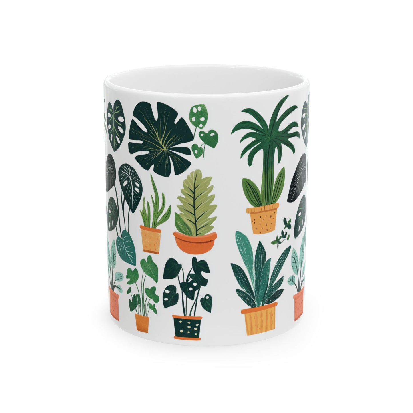 Printify plant lover mug with white ceramic base covered in illustrated potted houseplants in green and terracotta
