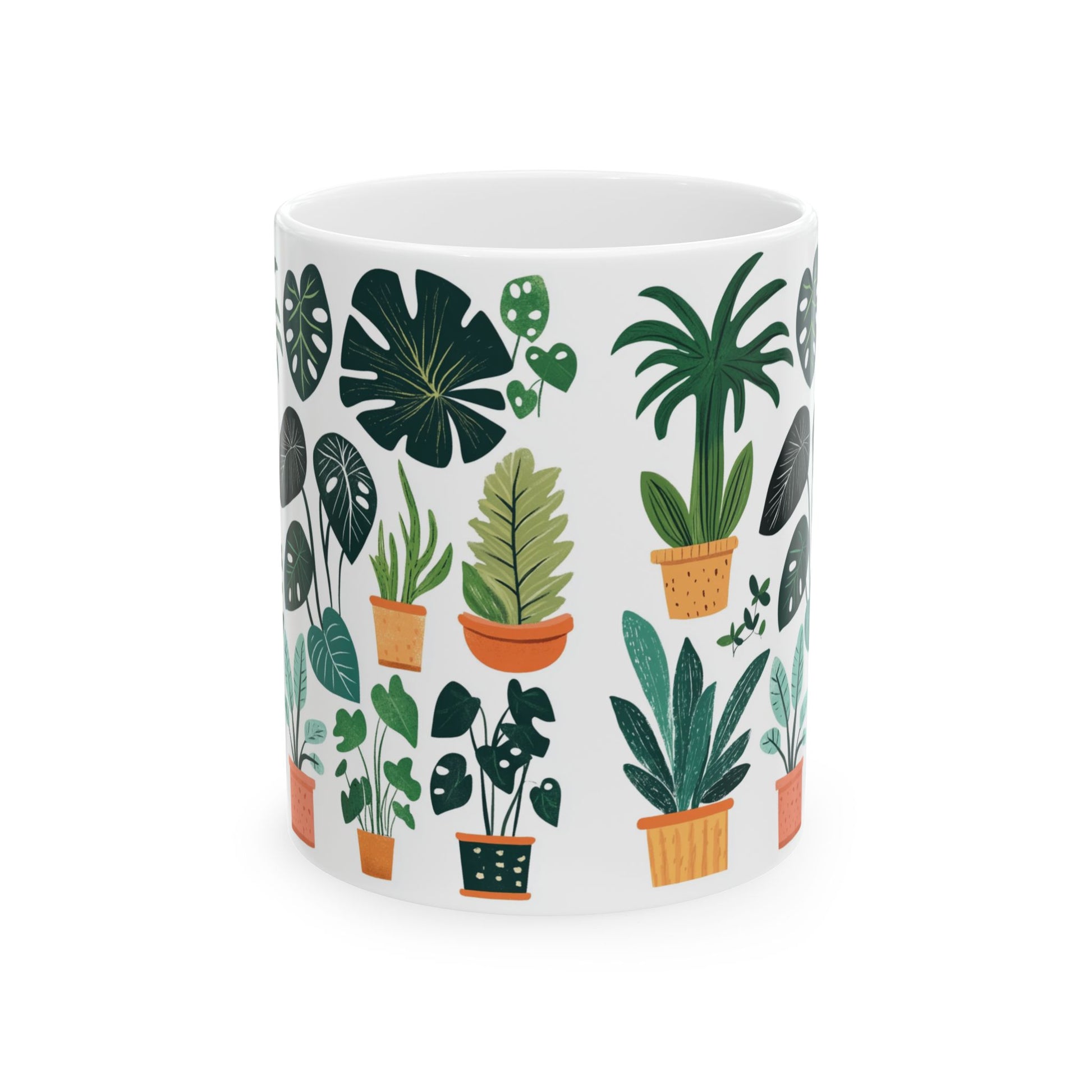 Printify plant lover mug with white ceramic base covered in illustrated potted houseplants in green and terracotta