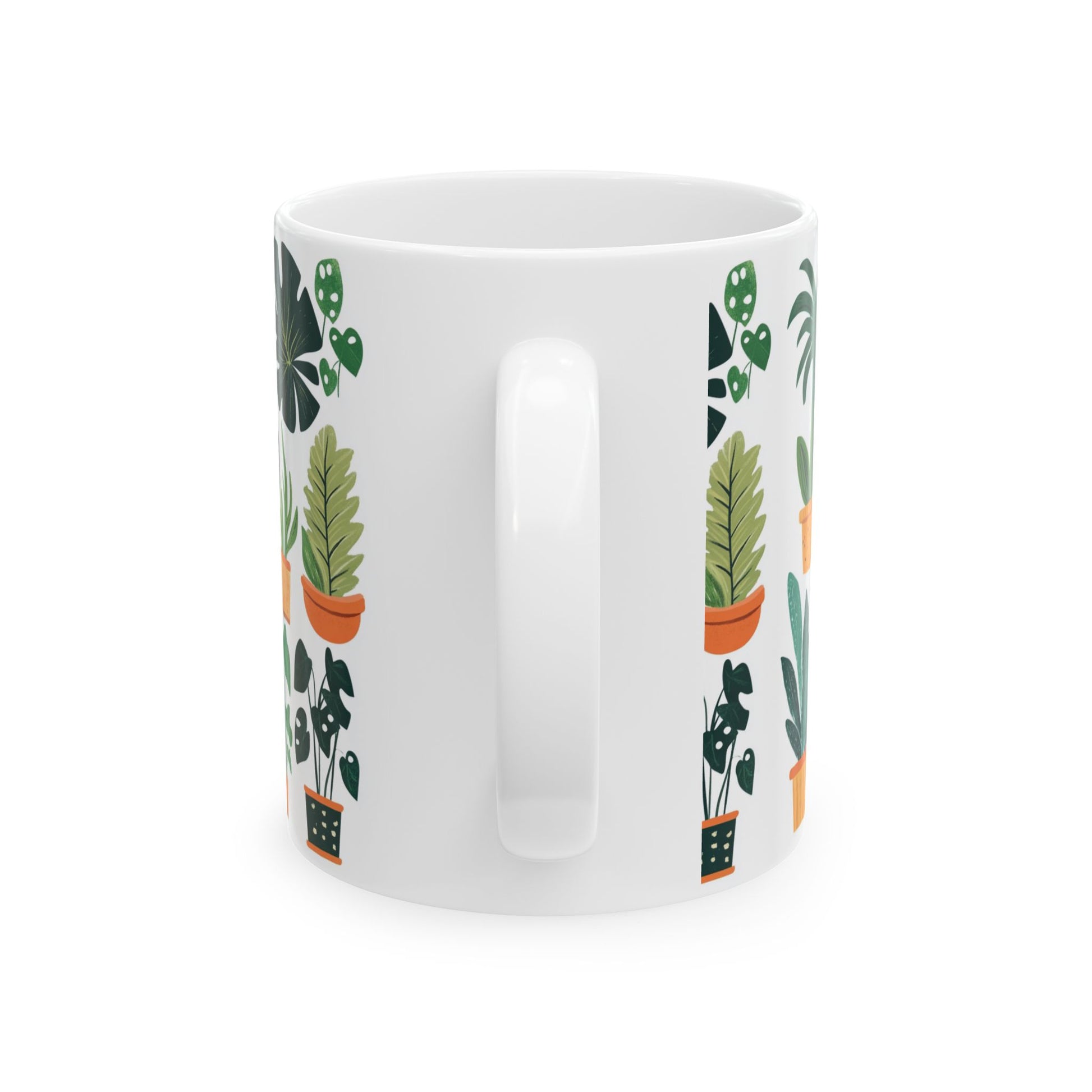 Printify white ceramic plant lover mug with illustrated potted plants and comfortable handle for daily coffee