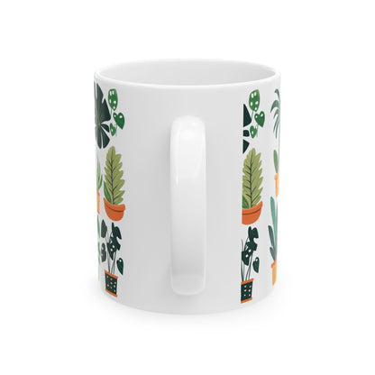 Printify white ceramic plant lover mug with illustrated potted plants and comfortable handle for daily coffee