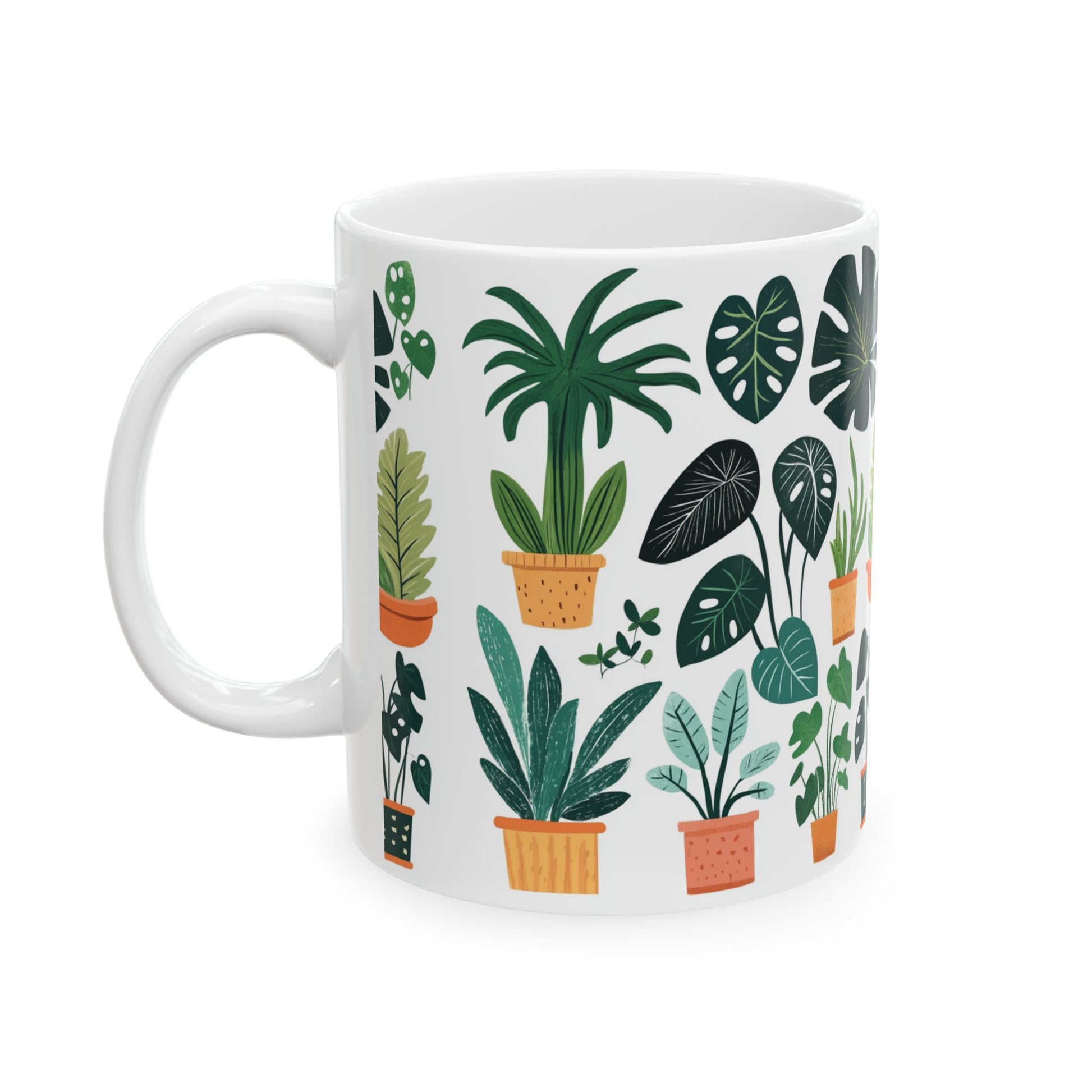 Printify white ceramic plant lover mug with colorful potted houseplant illustrations and assorted green leaves